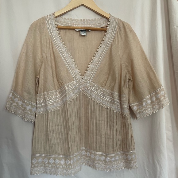 Peter Nygard Tops - Peter Nygard Tan Bell Sleeve Blouse with Embellished Pleats